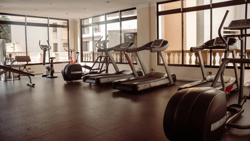 Empty cardio area with treadmills and elliptical trainers in front of large windows.