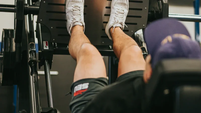 Leg press from the lifter's point of view, feet on the platform