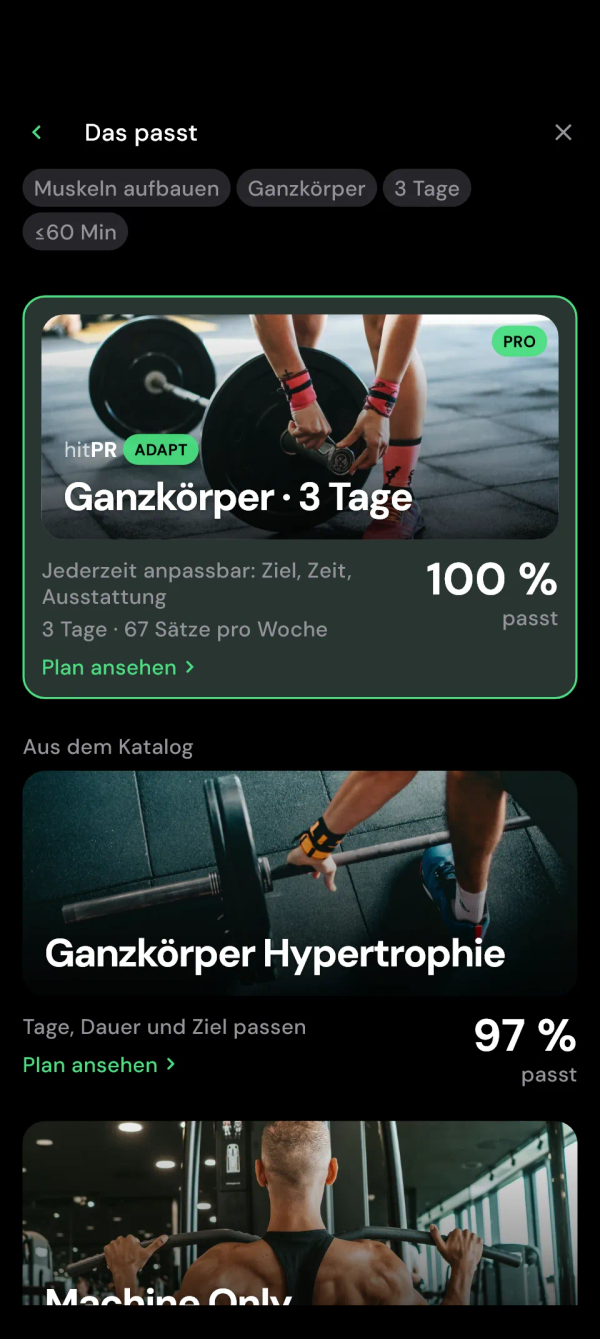 Ergebnis im Plan-Finder: der Adapt-Plan ganz oben, darunter Pläne aus dem Katalog
