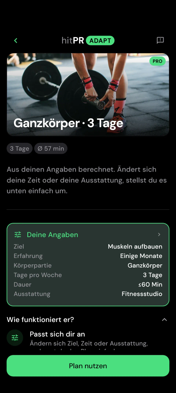 Vorschau des Adapt-Plans mit Dauer pro Training und deinen Angaben