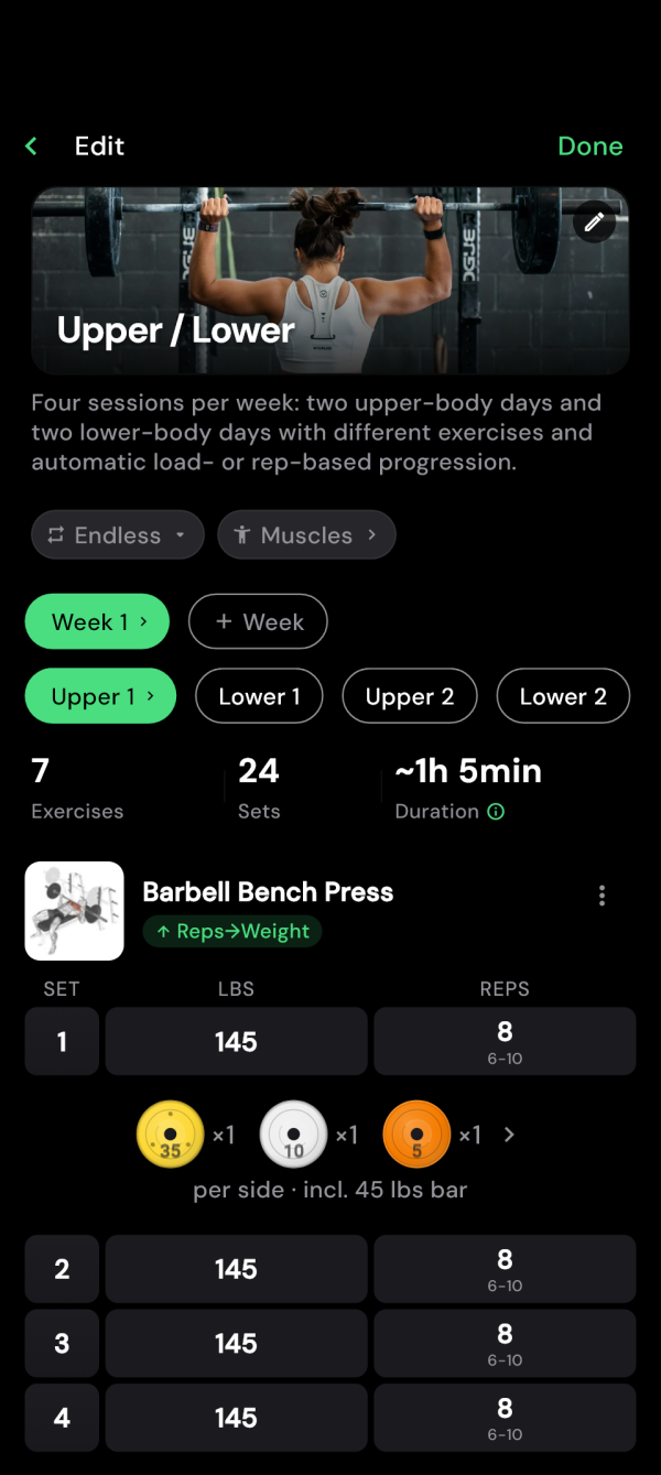 Plan editor with upper and lower body days