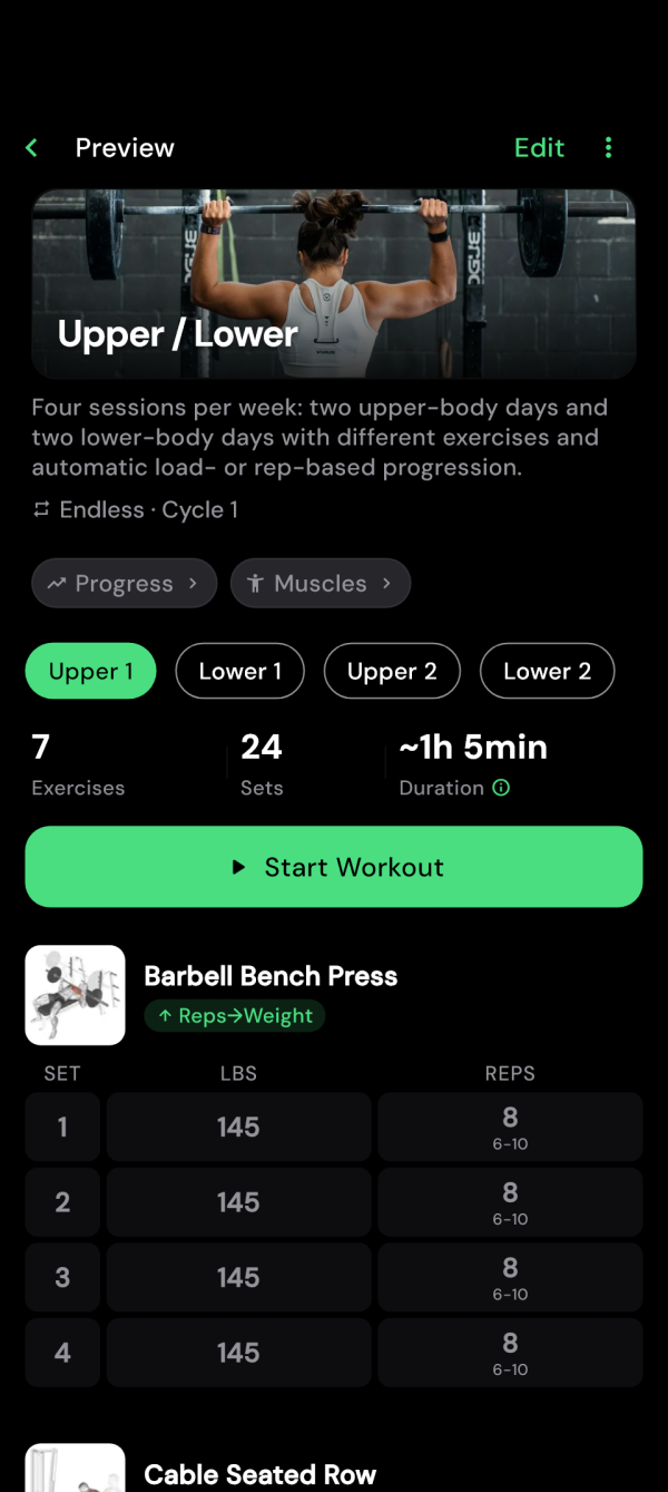 Upper body workout preview with exercises and start button
