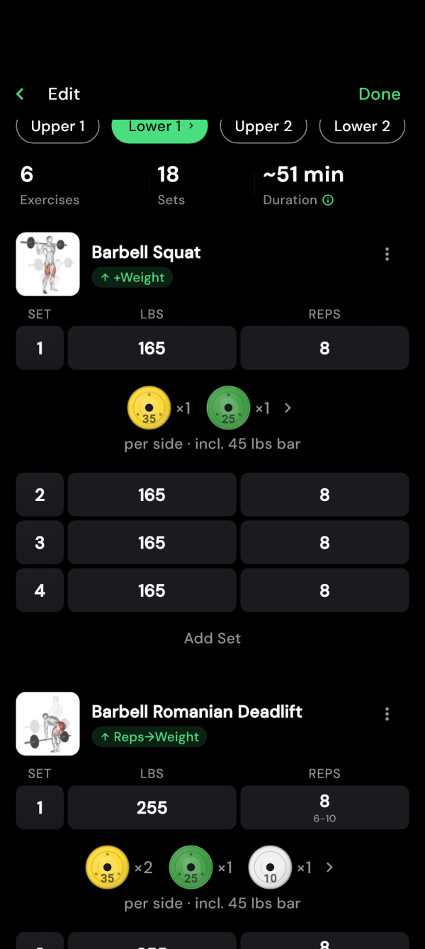 Squat with four target sets and active progression