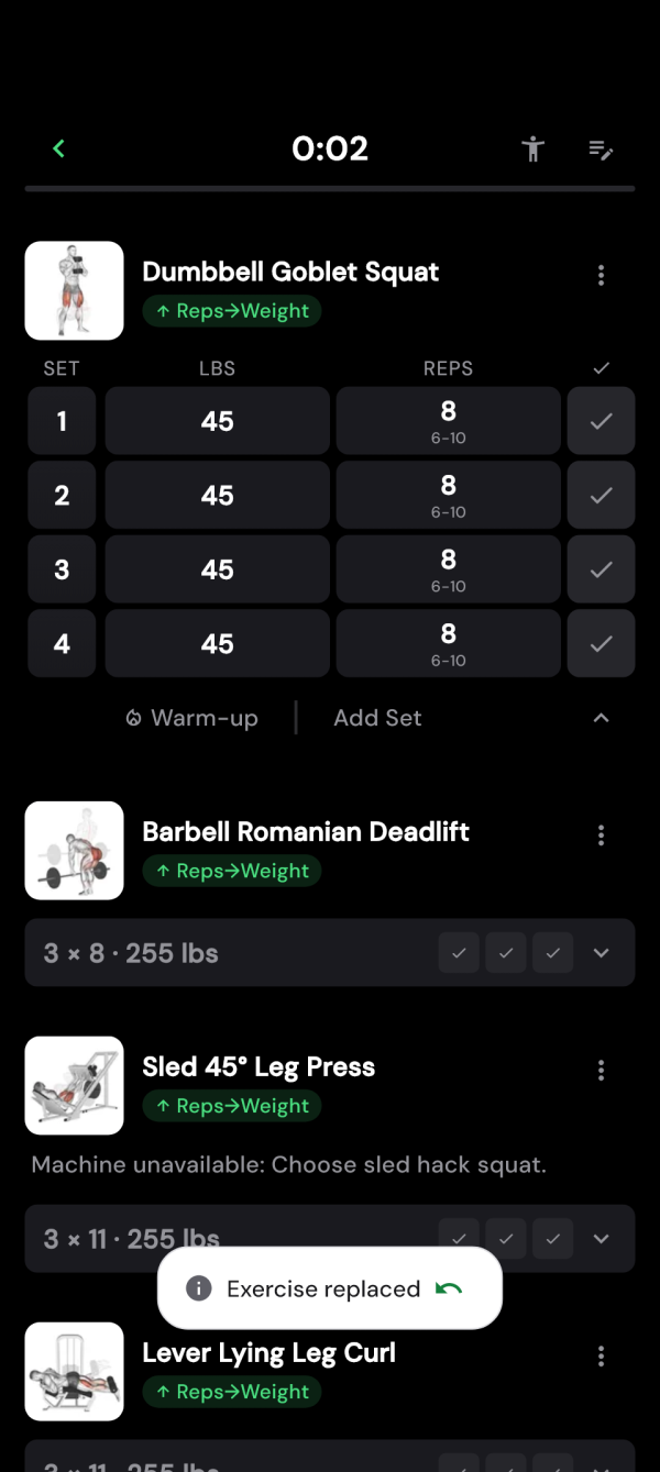 Replacement exercise with checked set weights