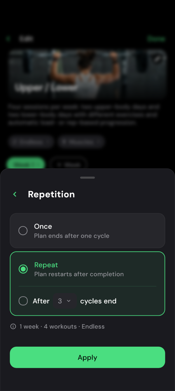 Continuous training plan repetition