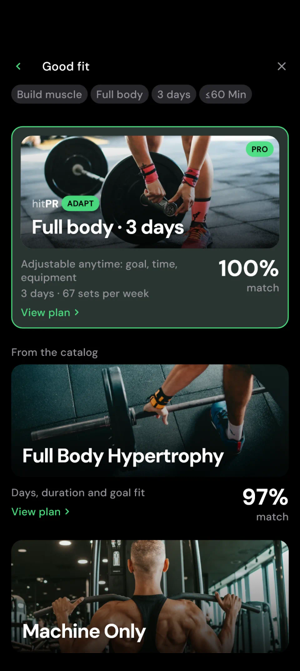 Plan Finder results: the Adapt plan at the top, catalog plans below