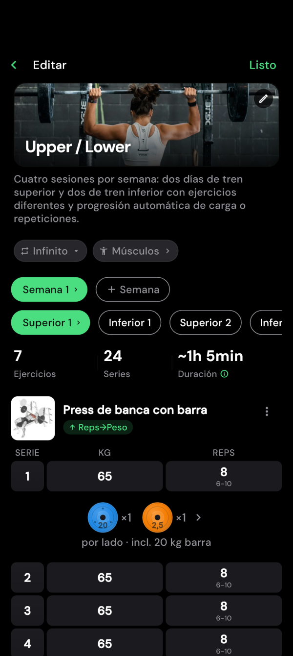 Editor del plan con días de torso y pierna