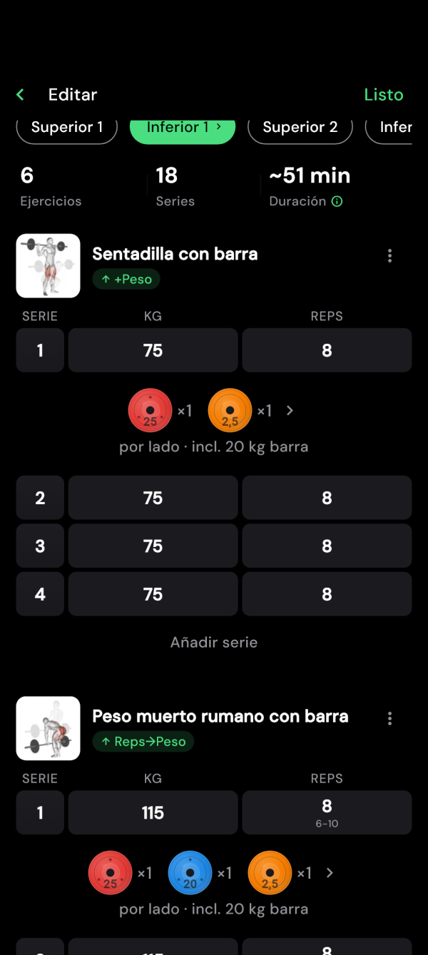 Sentadilla con cuatro series objetivo y progresión activa