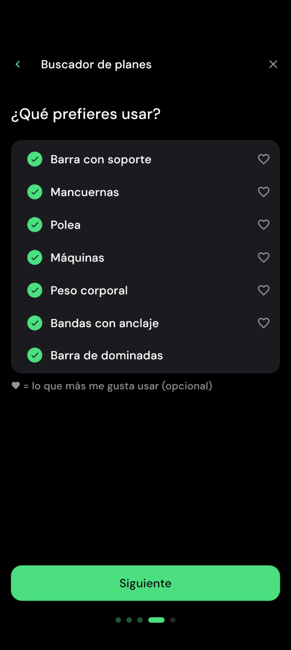 Buscador de planes: marca tu equipamiento y elige tu favorito con el corazón