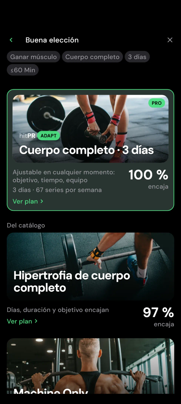 Resultados del buscador: el plan Adapt arriba y planes del catálogo debajo