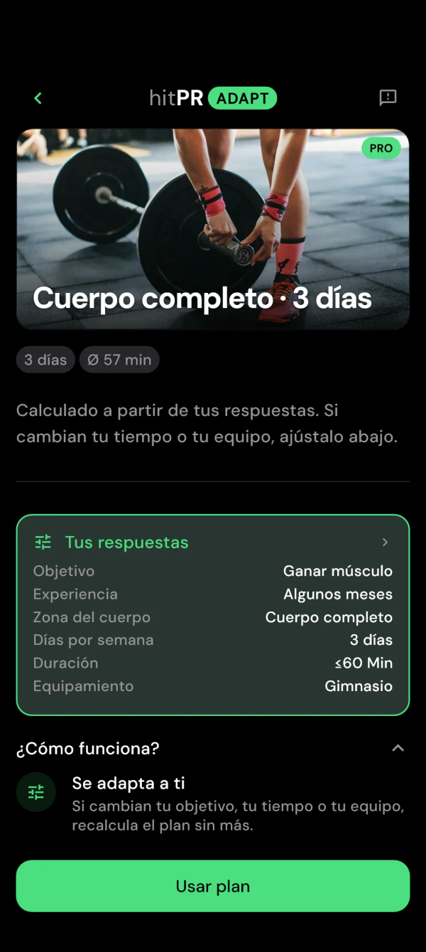 Vista previa del plan Adapt con la duración de cada sesión y tus respuestas
