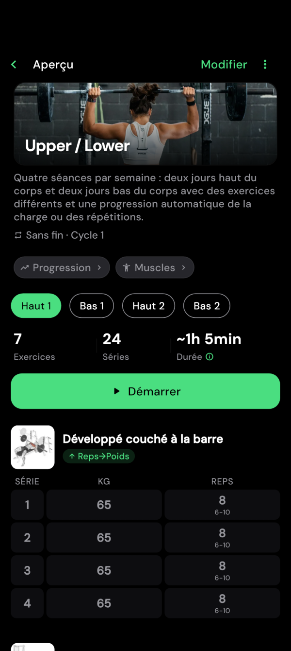 Aperçu de la séance haut du corps et bouton de démarrage