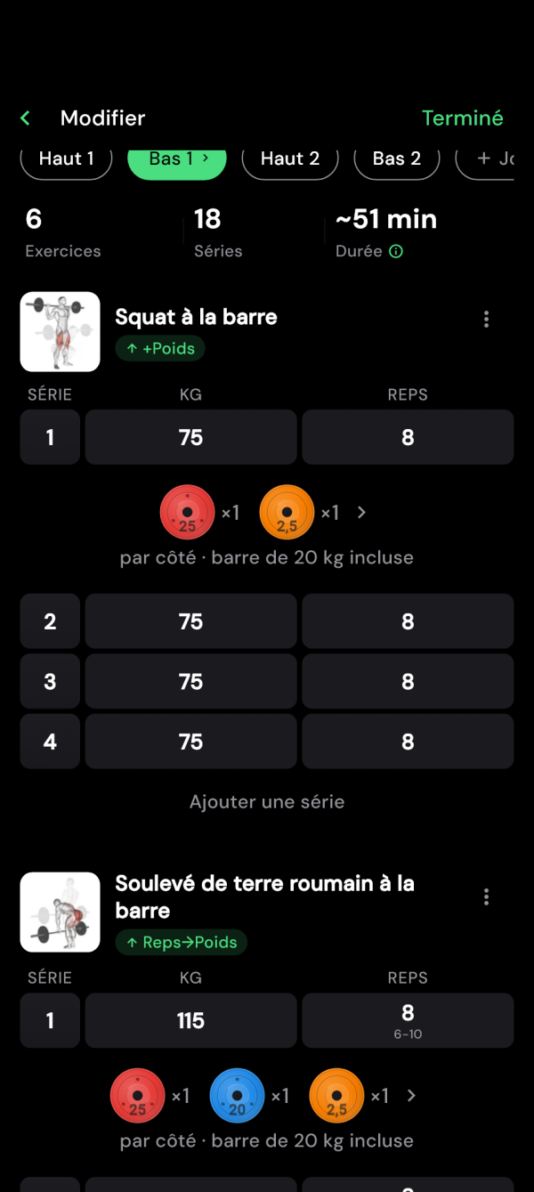 Squat avec quatre séries cibles et progression activée