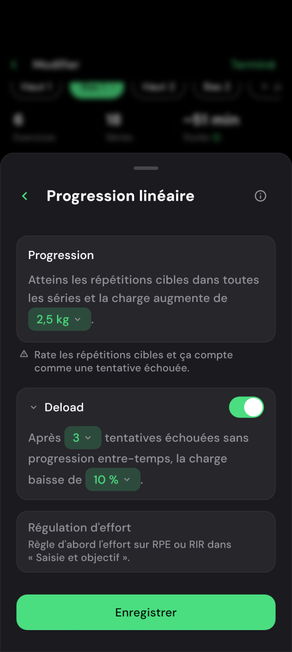 Réglages de progression linéaire du poids