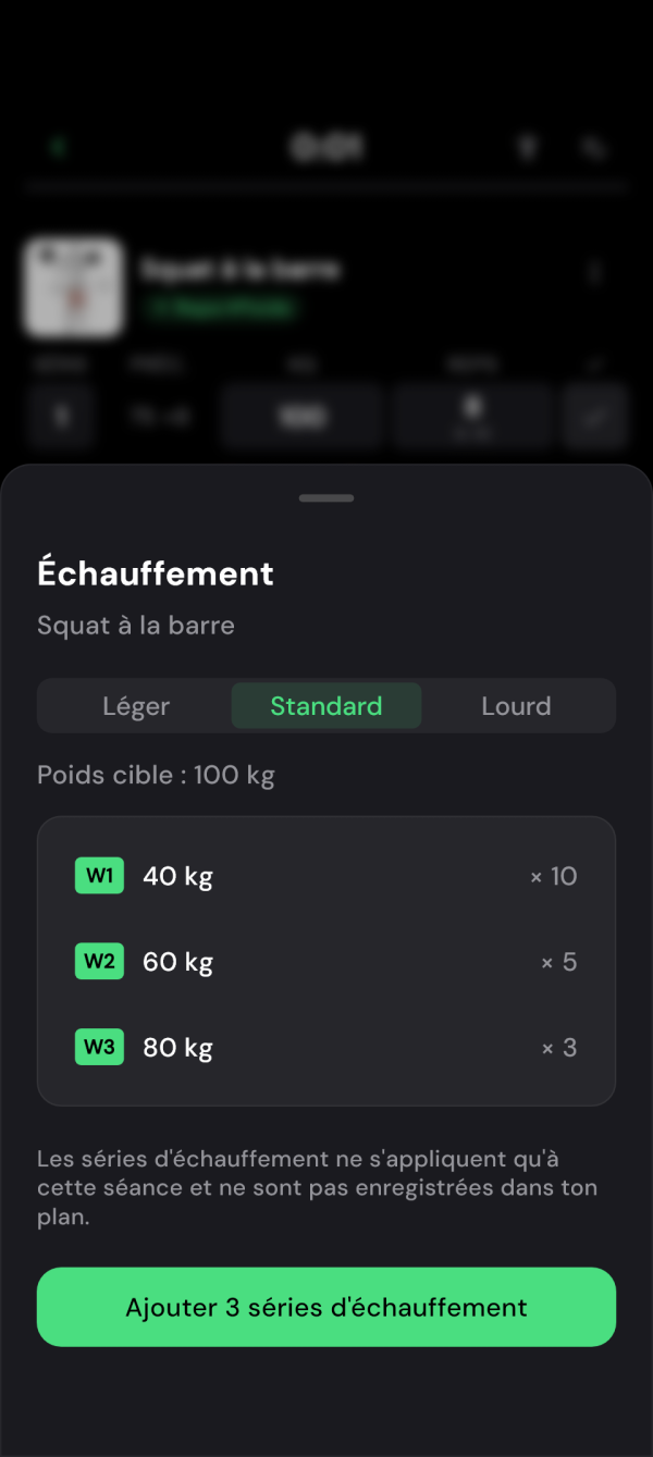 Trois séries d'échauffement proposées pour le squat