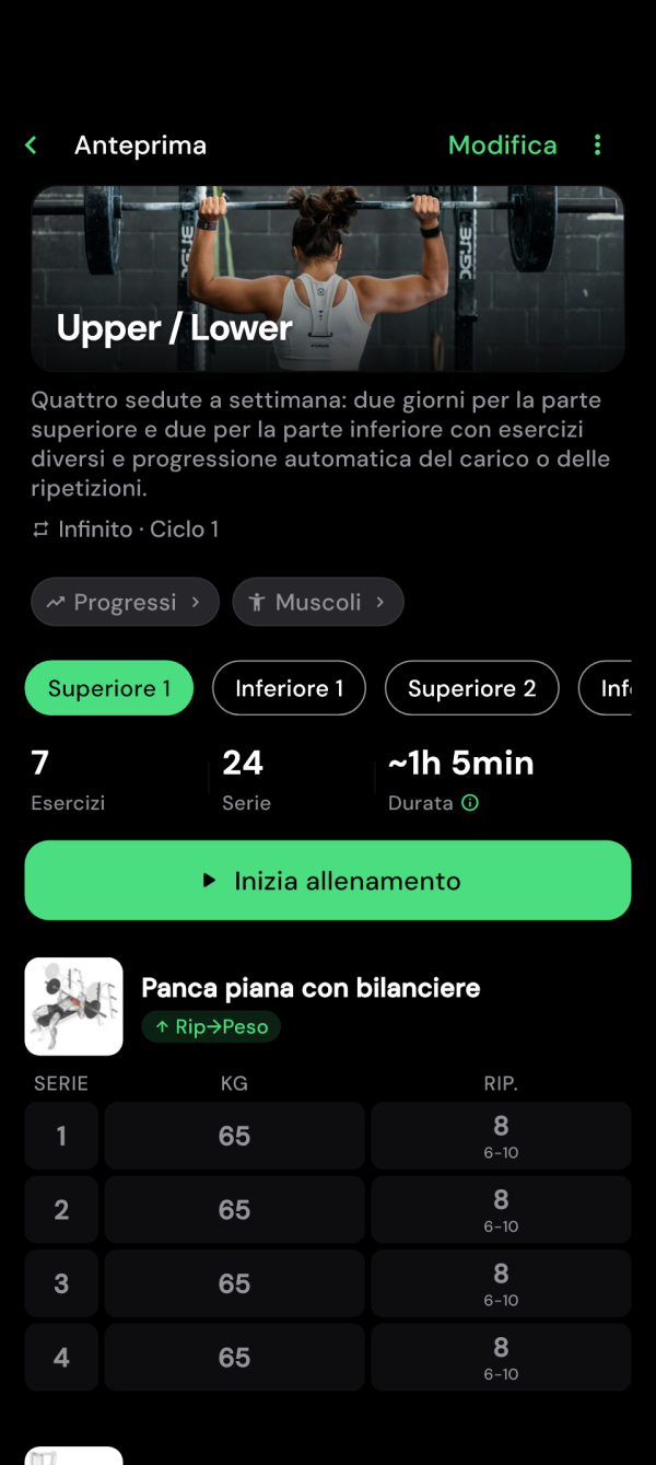 Anteprima dell'allenamento superiore con esercizi e avvio