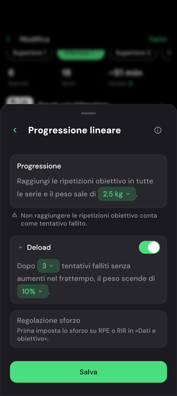 Impostazioni della progressione lineare del peso