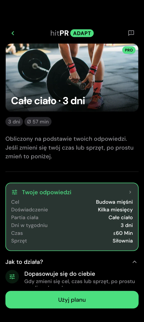 Podgląd planu Adapt z czasem treningu i twoimi odpowiedziami