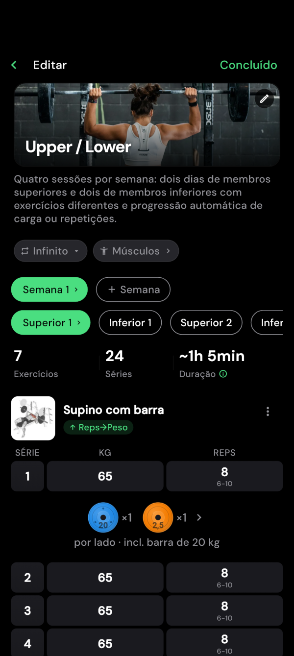 Editor do plano com dias de superiores e inferiores