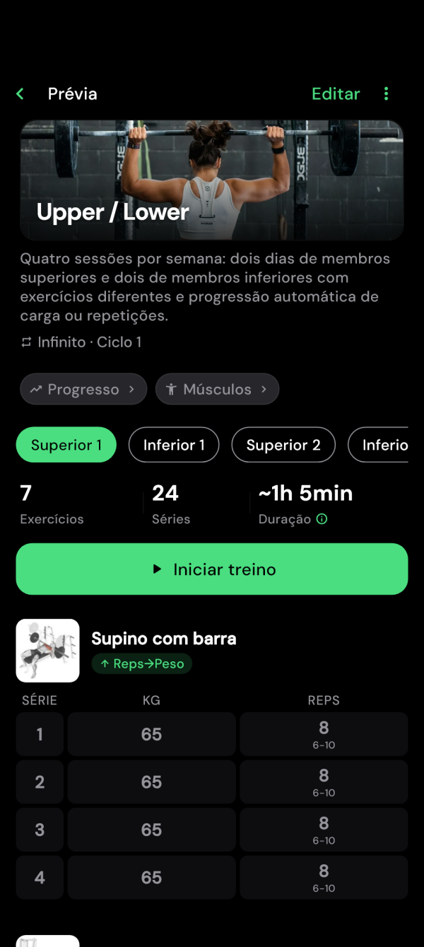 Prévia do treino de superiores com exercícios e botão de início