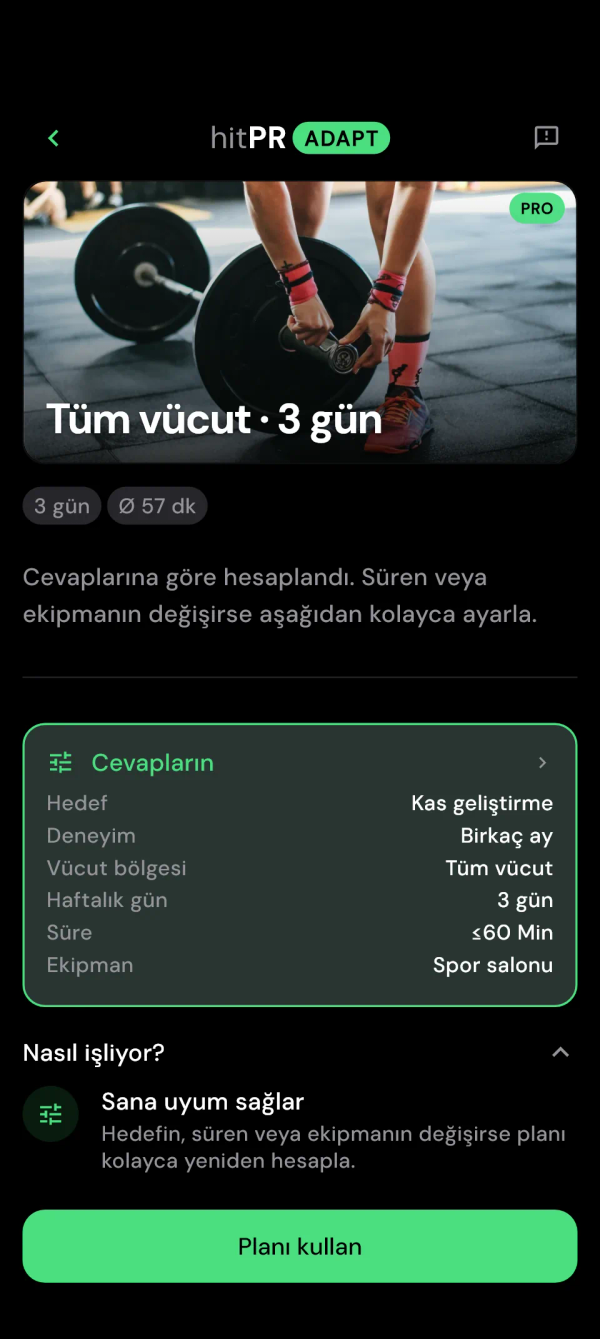 Antrenman süresi ve cevaplarınla Adapt planı önizlemesi